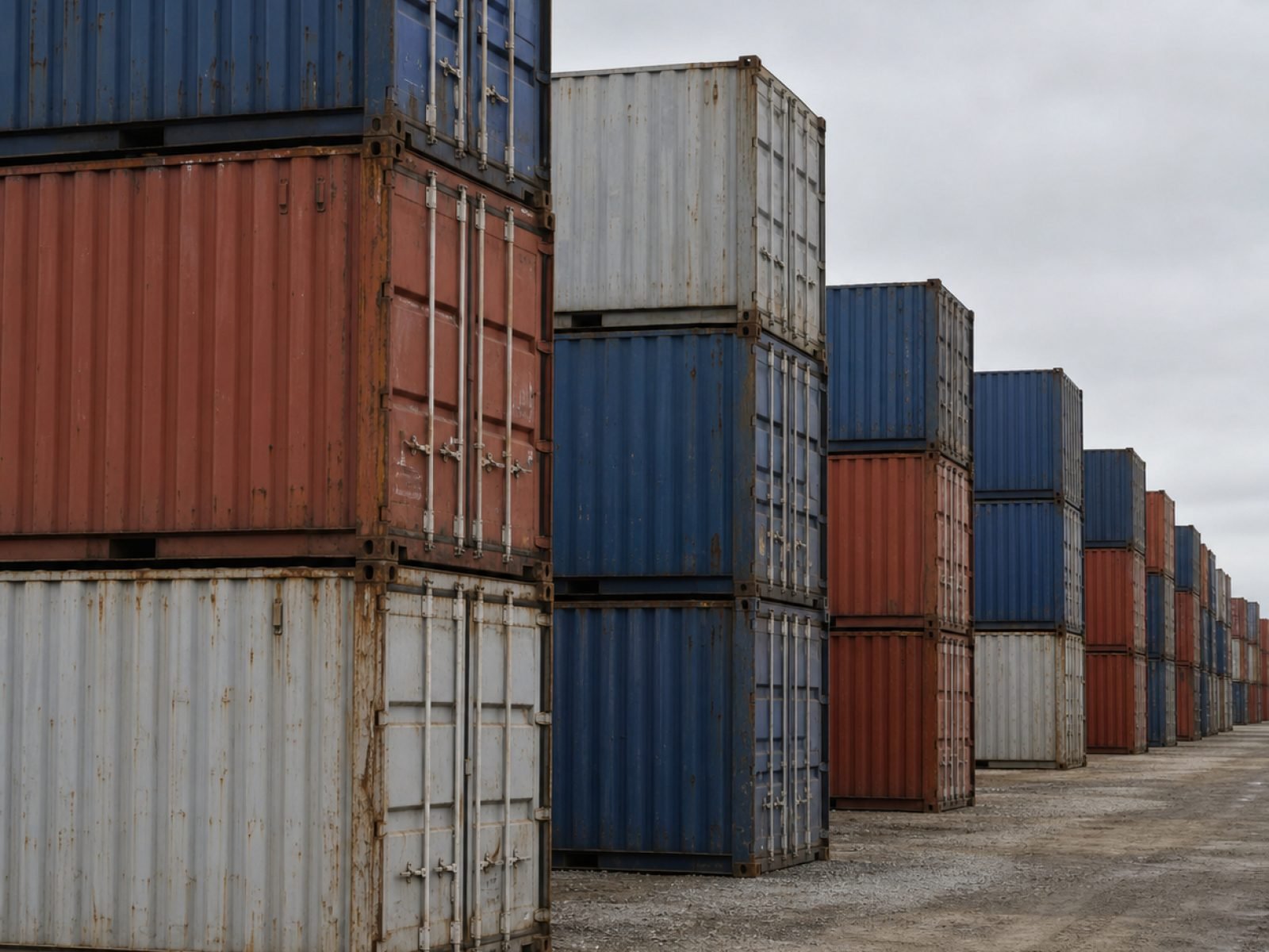 Graded shipping containers stacked in the yard