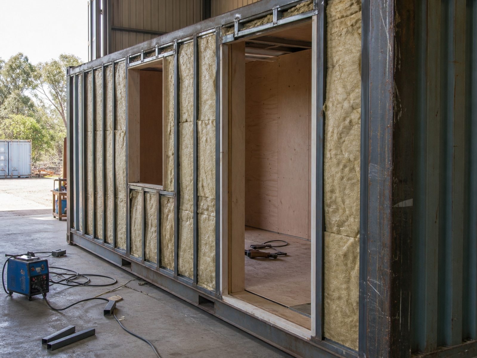 A container mid-conversion with steel framing and insulation exposed